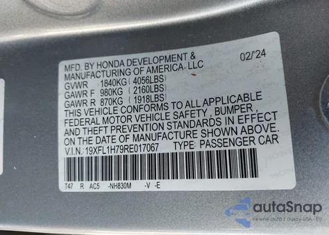 2024 Honda Civic Ex-L from USA, damaged, VIN 19XFL1H79RE017067